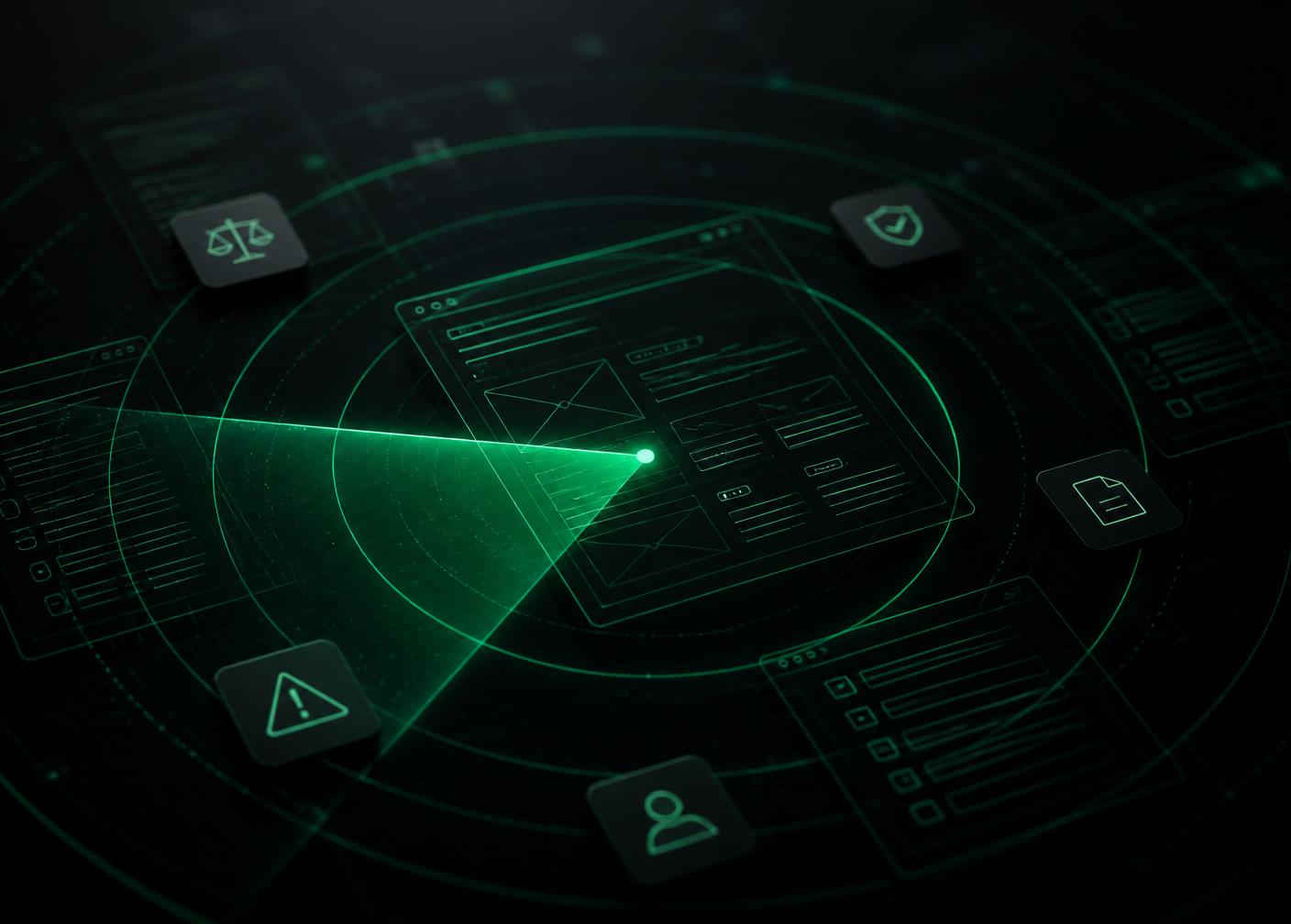 AI compliance scan sweeping a web page with radar rings and detection chips